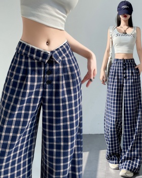 Blue wide leg pants plaid pants for women