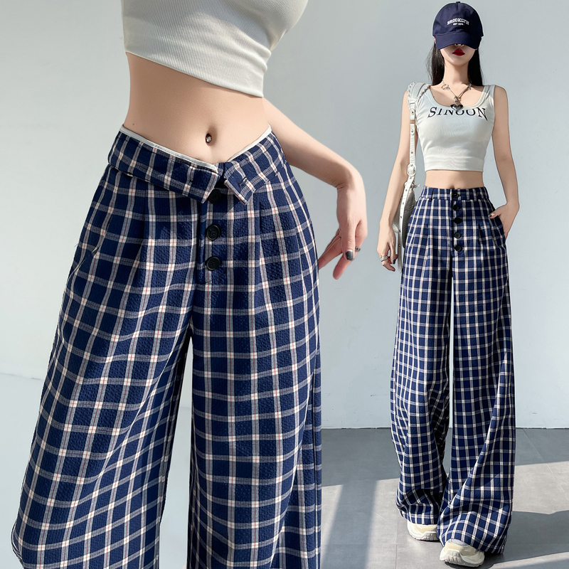 Blue wide leg pants plaid pants for women