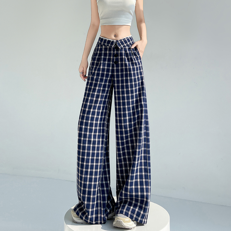 Blue wide leg pants plaid pants for women