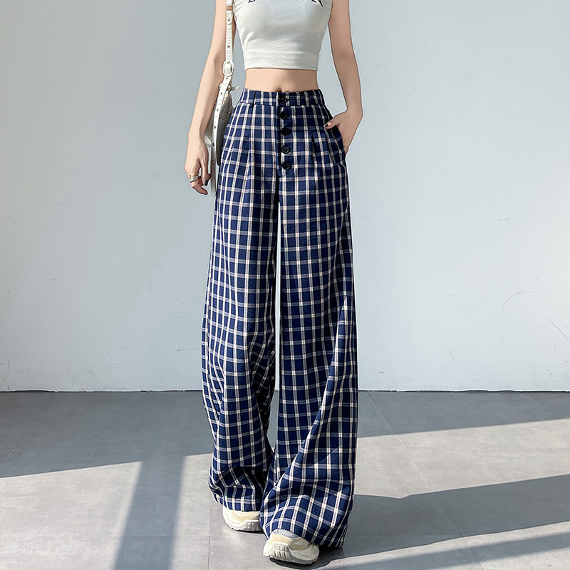 Blue wide leg pants plaid pants for women