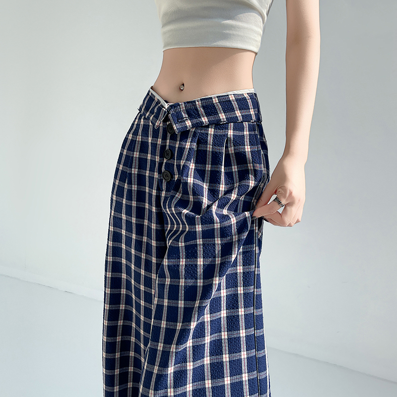 Blue wide leg pants plaid pants for women