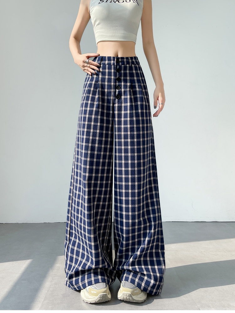 Blue wide leg pants plaid pants for women