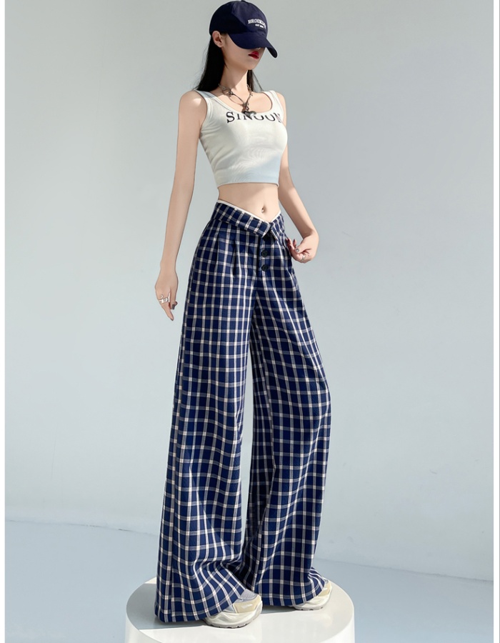 Blue wide leg pants plaid pants for women