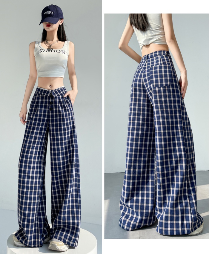 Blue wide leg pants plaid pants for women