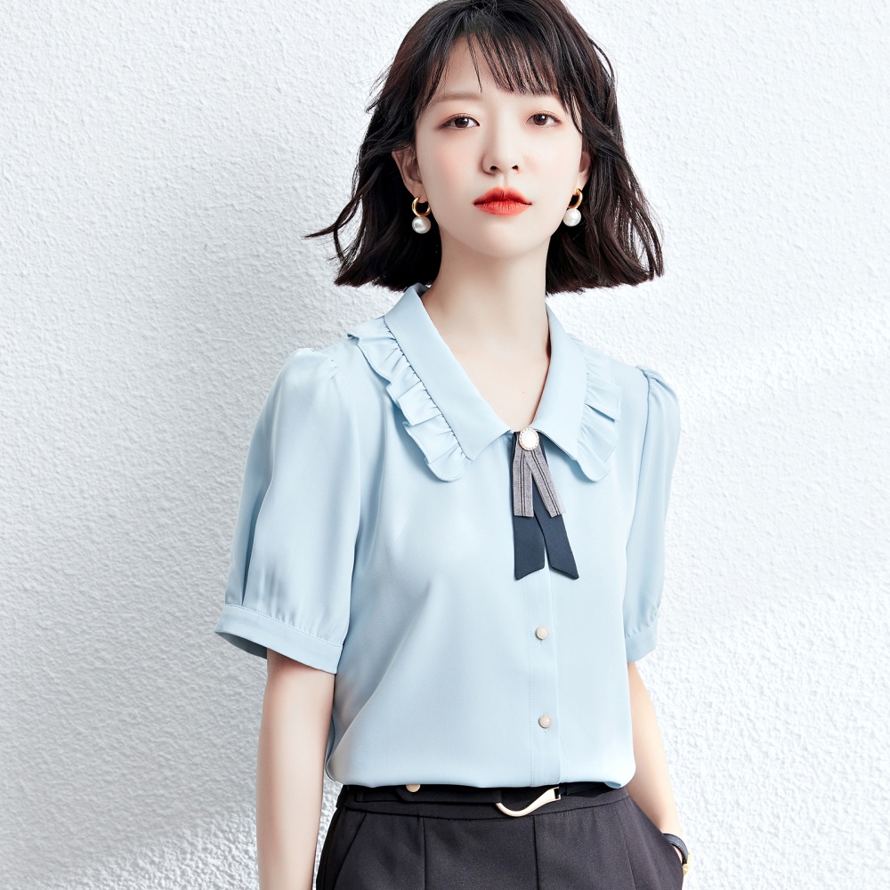 Frenum blue shirt doll collar summer small shirt for women