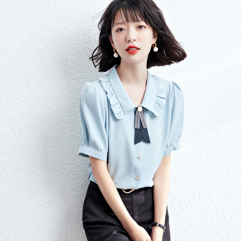 Frenum blue shirt doll collar summer small shirt for women