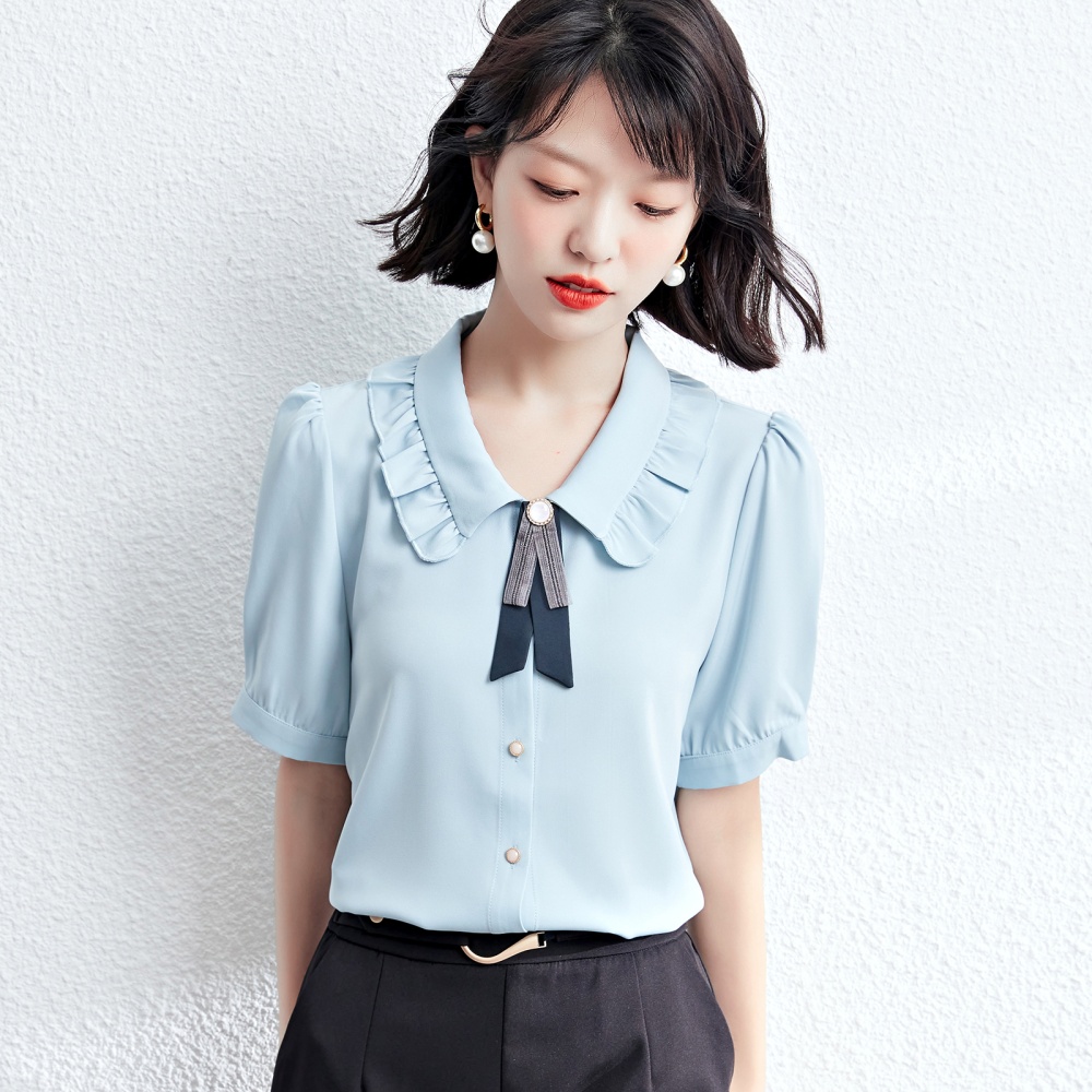 Frenum blue shirt doll collar summer small shirt for women