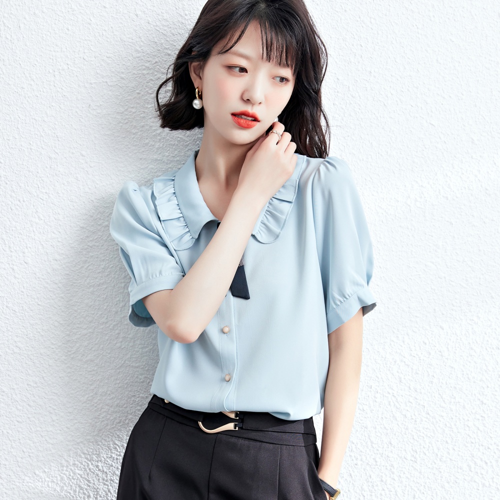 Frenum blue shirt doll collar summer small shirt for women