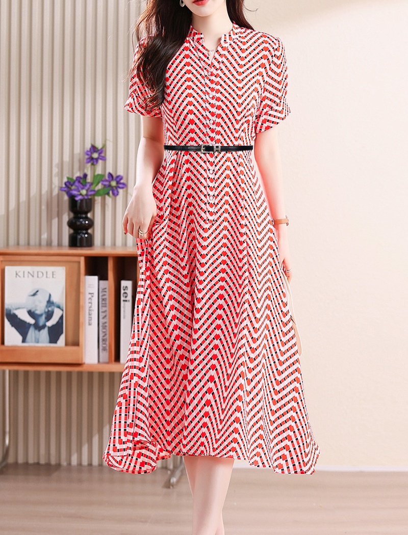 Chiffon pinched waist slim printing dress for women