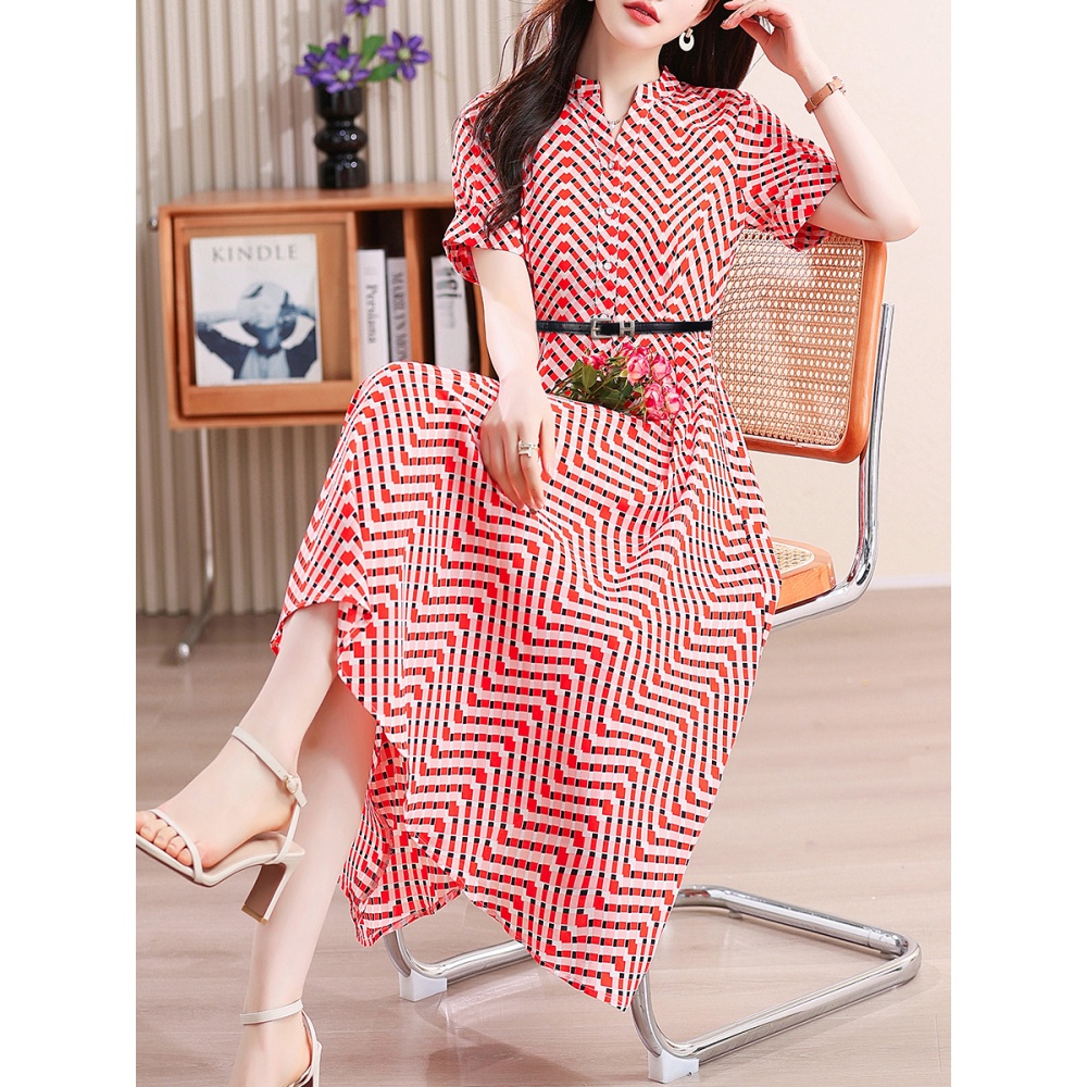 Chiffon pinched waist slim printing dress for women