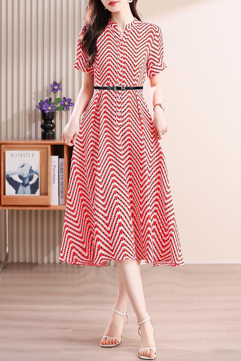 Chiffon pinched waist slim printing dress for women