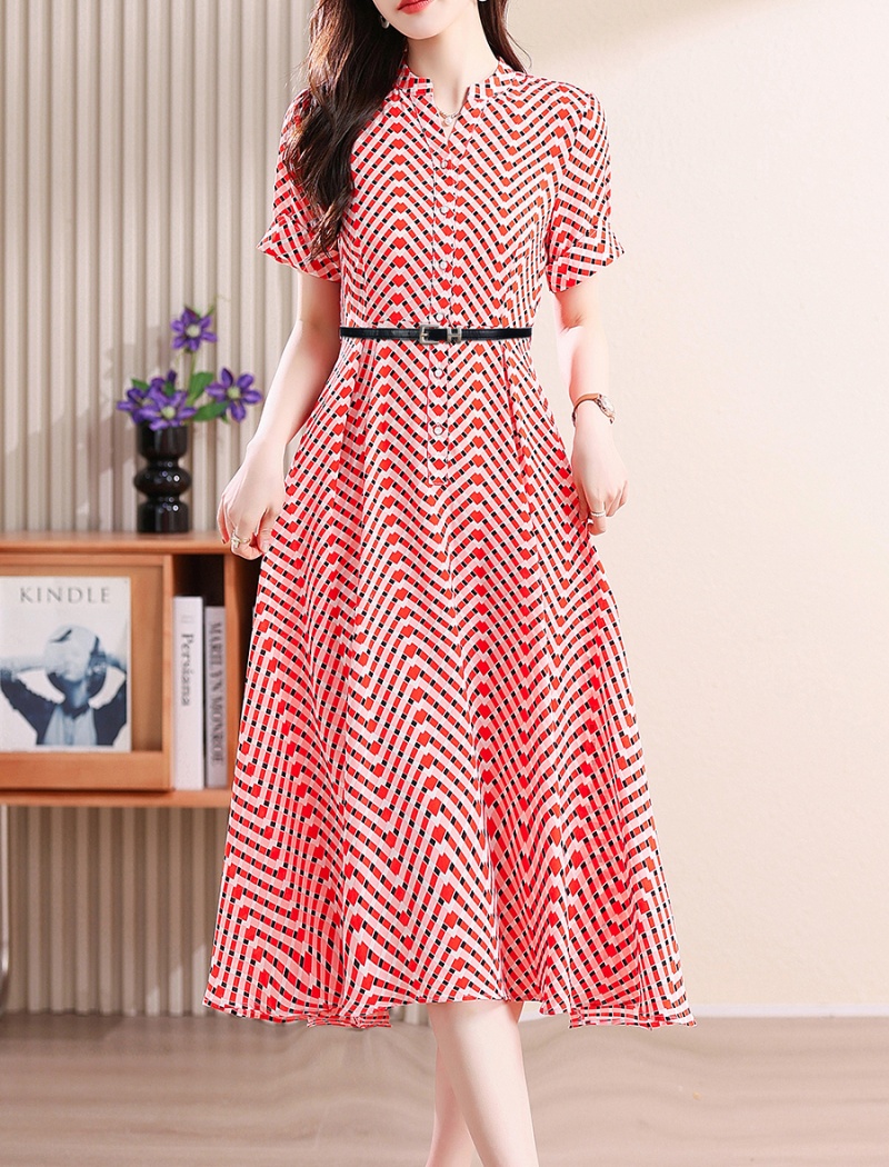 Chiffon pinched waist slim printing dress for women