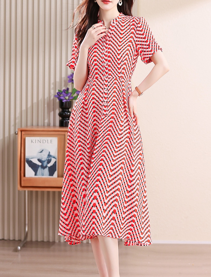 Chiffon pinched waist slim printing dress for women