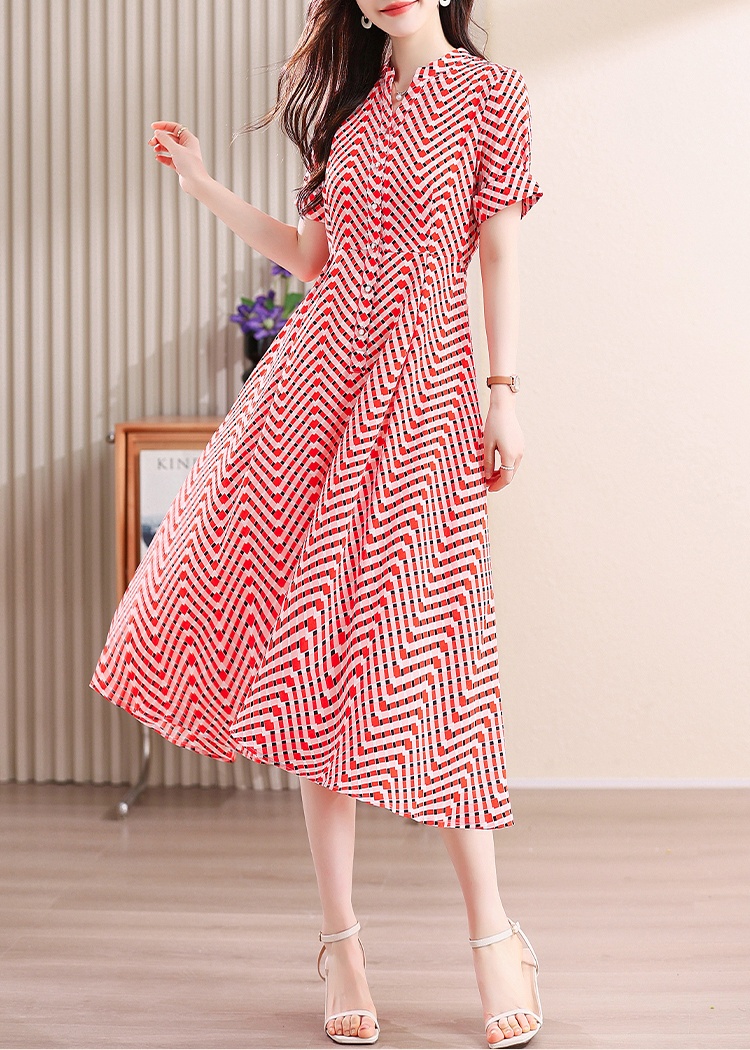 Chiffon pinched waist slim printing dress for women