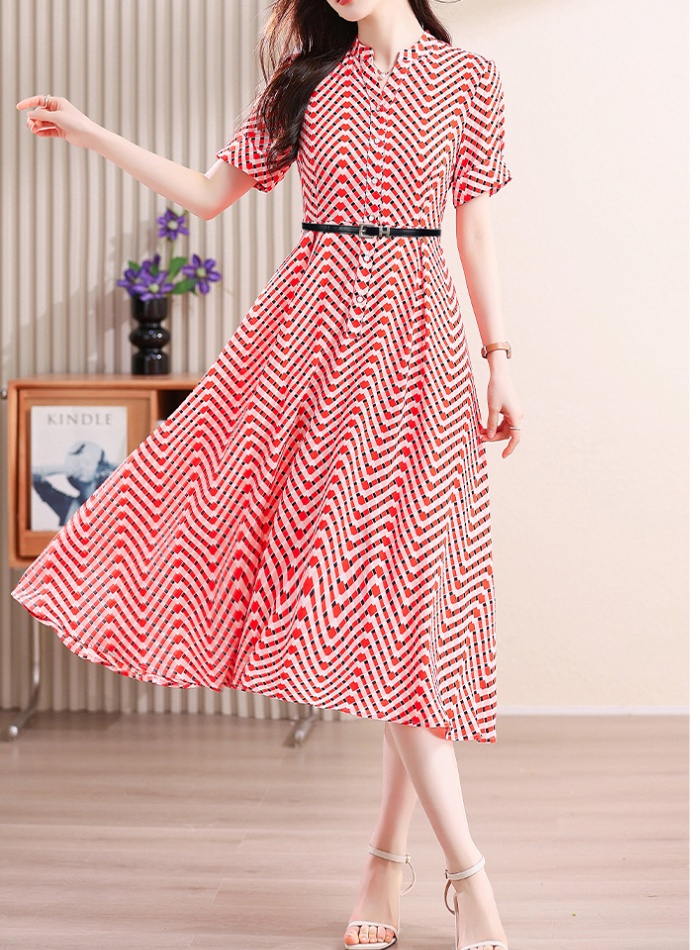 Chiffon pinched waist slim printing dress for women