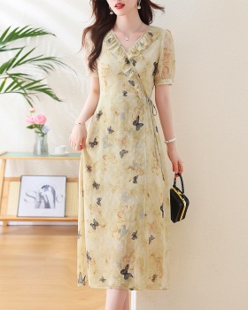 Bandage butterfly printing dress lace collar summer long dress