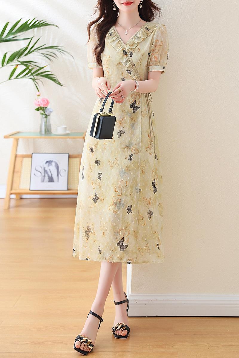 Bandage butterfly printing dress lace collar summer long dress