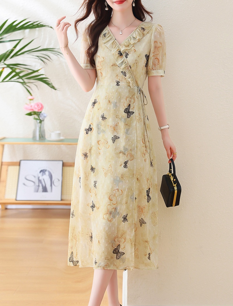 Bandage butterfly printing dress lace collar summer long dress