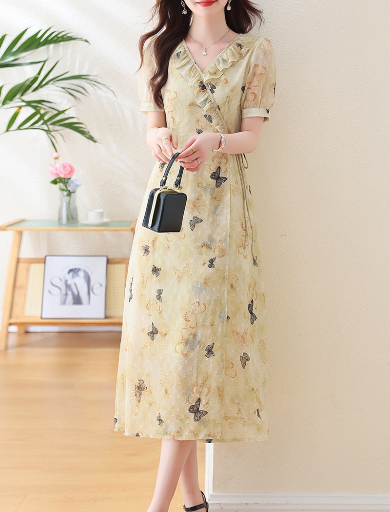 Bandage butterfly printing dress lace collar summer long dress