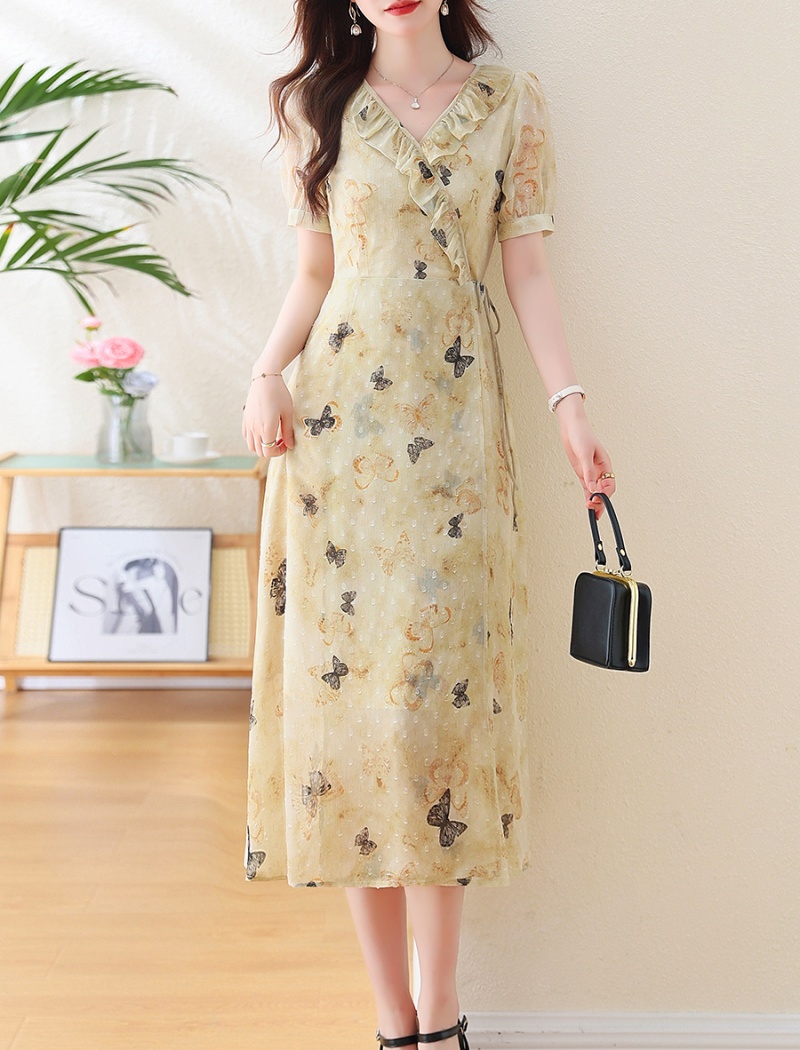 Bandage butterfly printing dress lace collar summer long dress