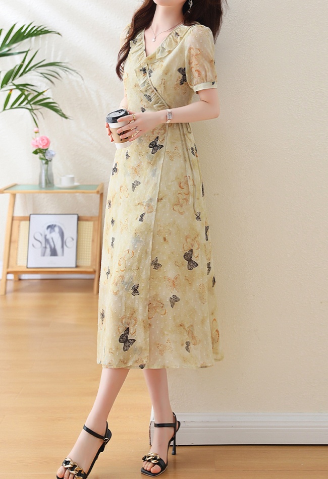 Bandage butterfly printing dress lace collar summer long dress