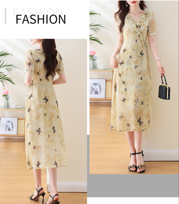 Bandage butterfly printing dress lace collar summer long dress