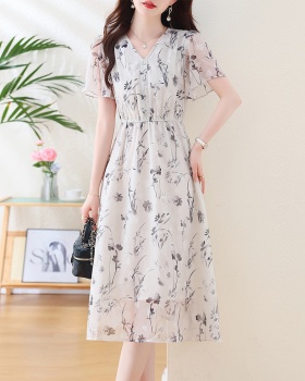 Lotus sleeve ink printing chiffon dress for women