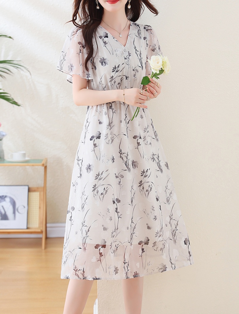 Lotus sleeve ink printing chiffon dress for women