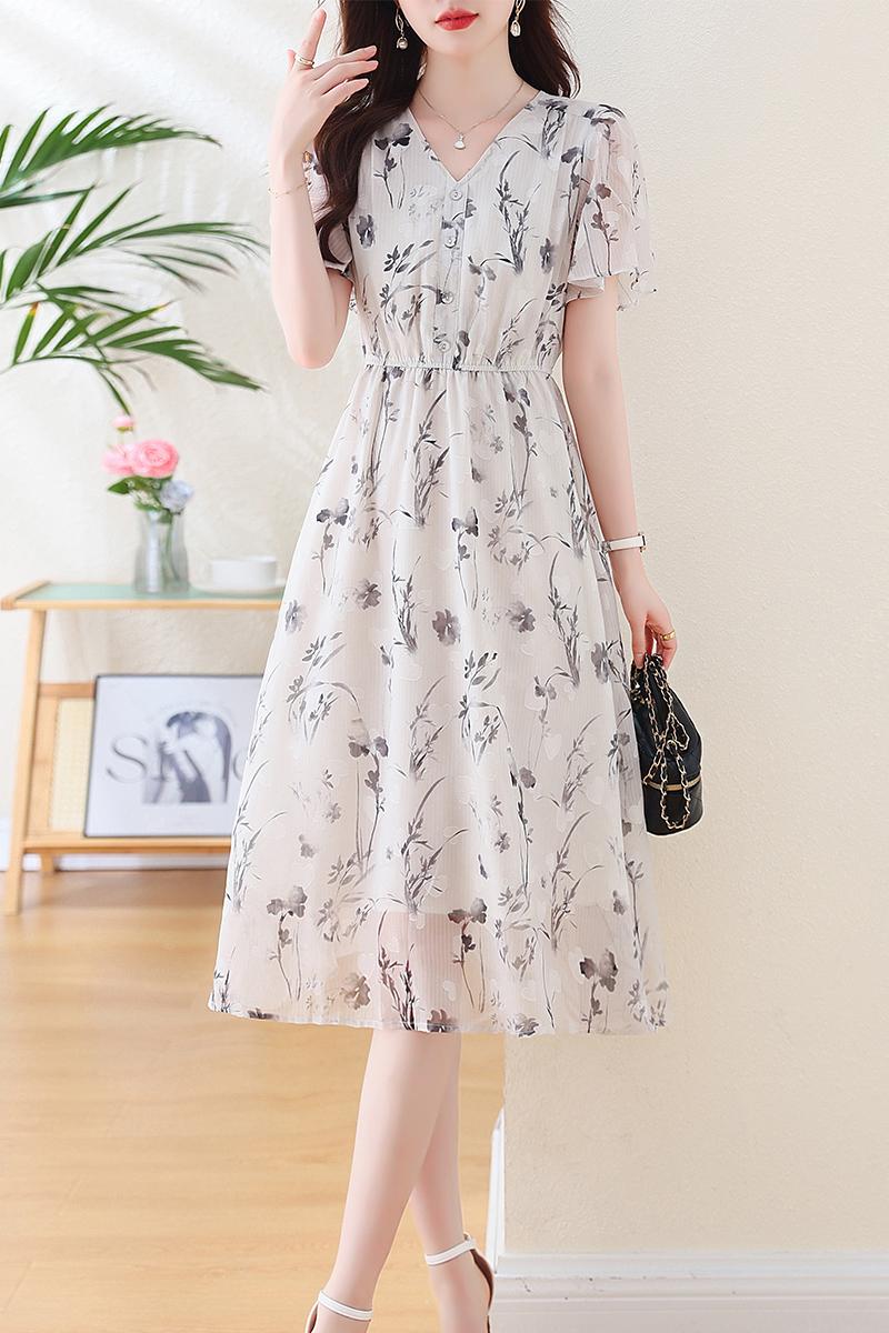 Lotus sleeve ink printing chiffon dress for women