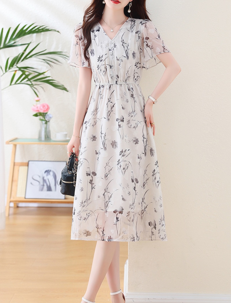 Lotus sleeve ink printing chiffon dress for women