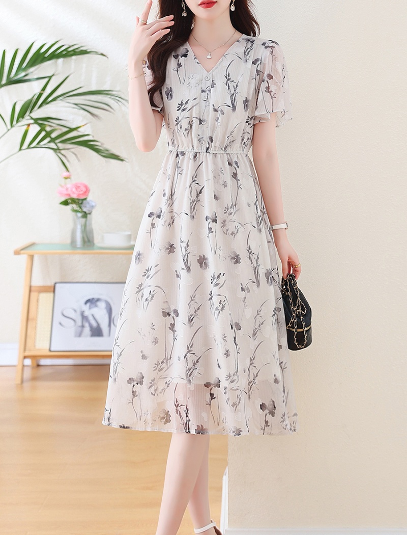 Lotus sleeve ink printing chiffon dress for women