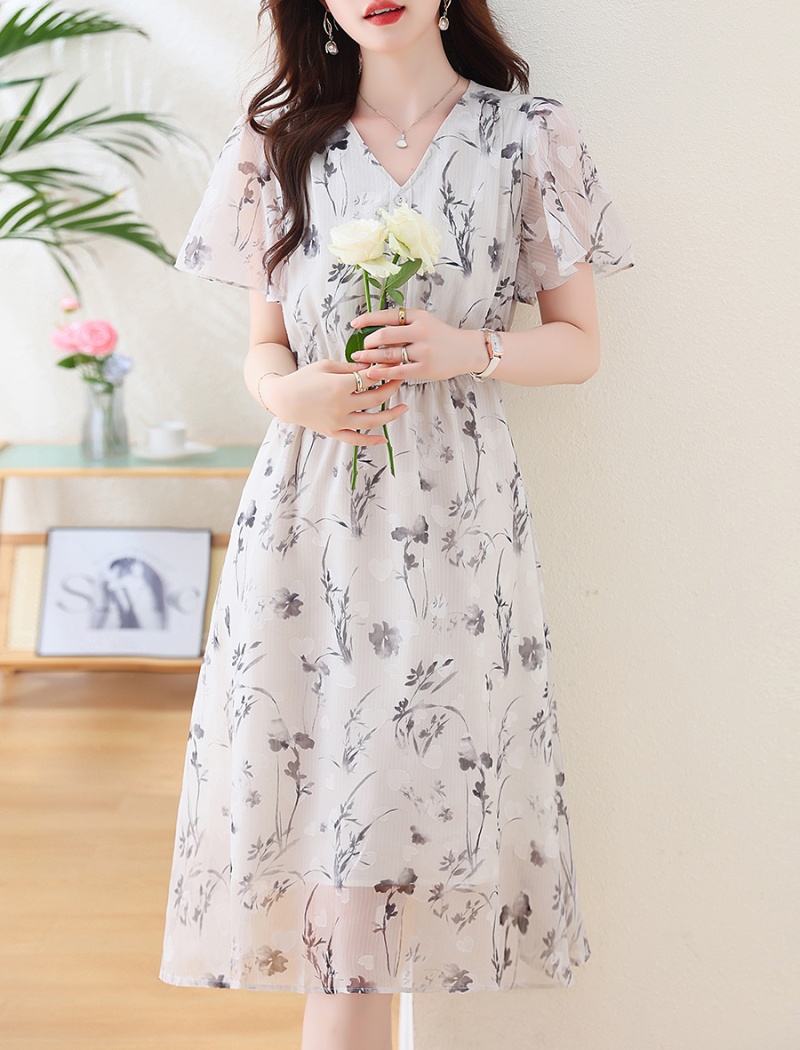 Lotus sleeve ink printing chiffon dress for women