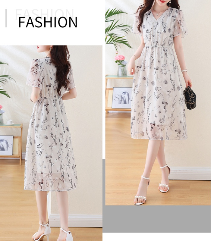 Lotus sleeve ink printing chiffon dress for women