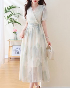 Long Chinese style summer floral short sleeve dress