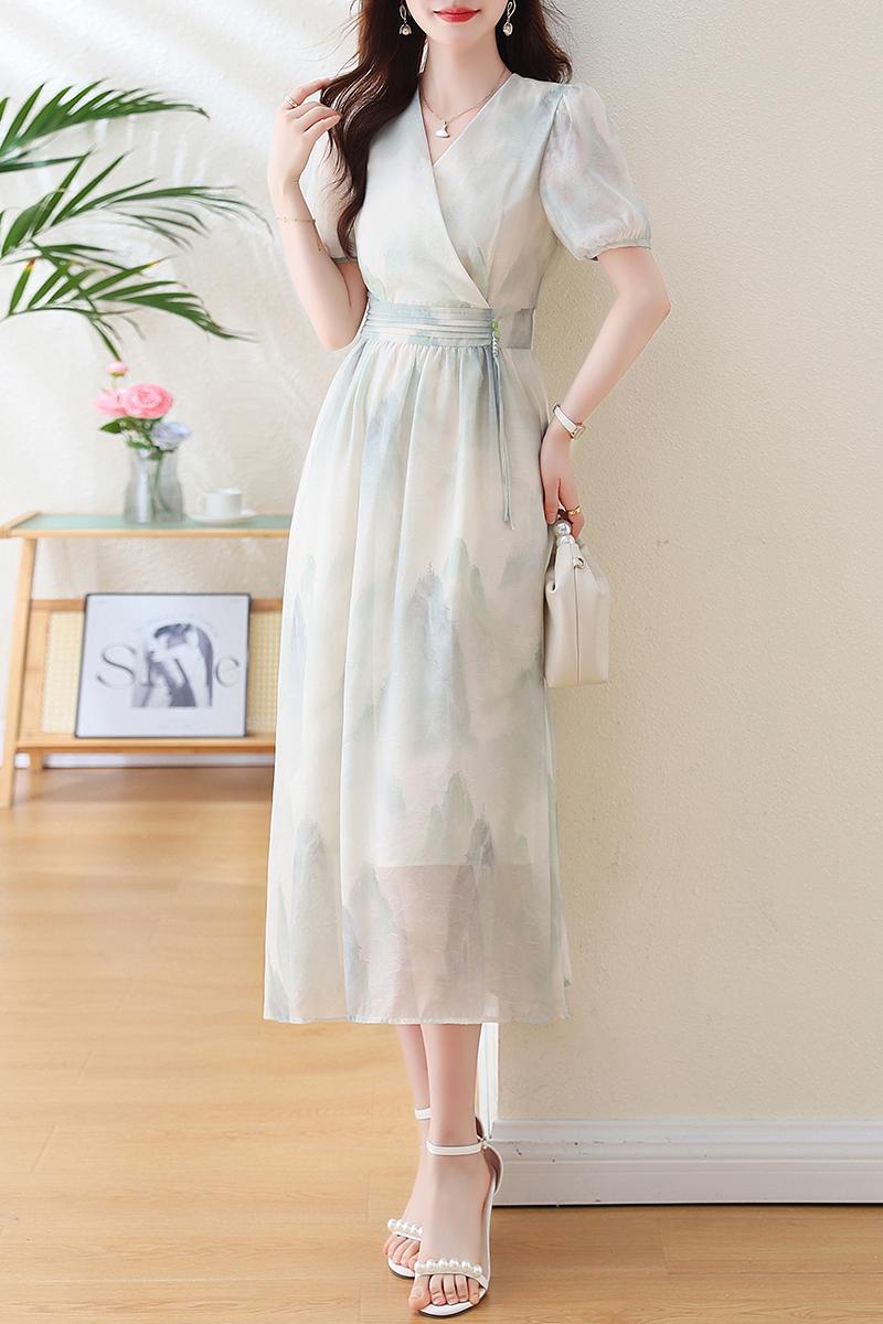 Long Chinese style summer floral short sleeve dress