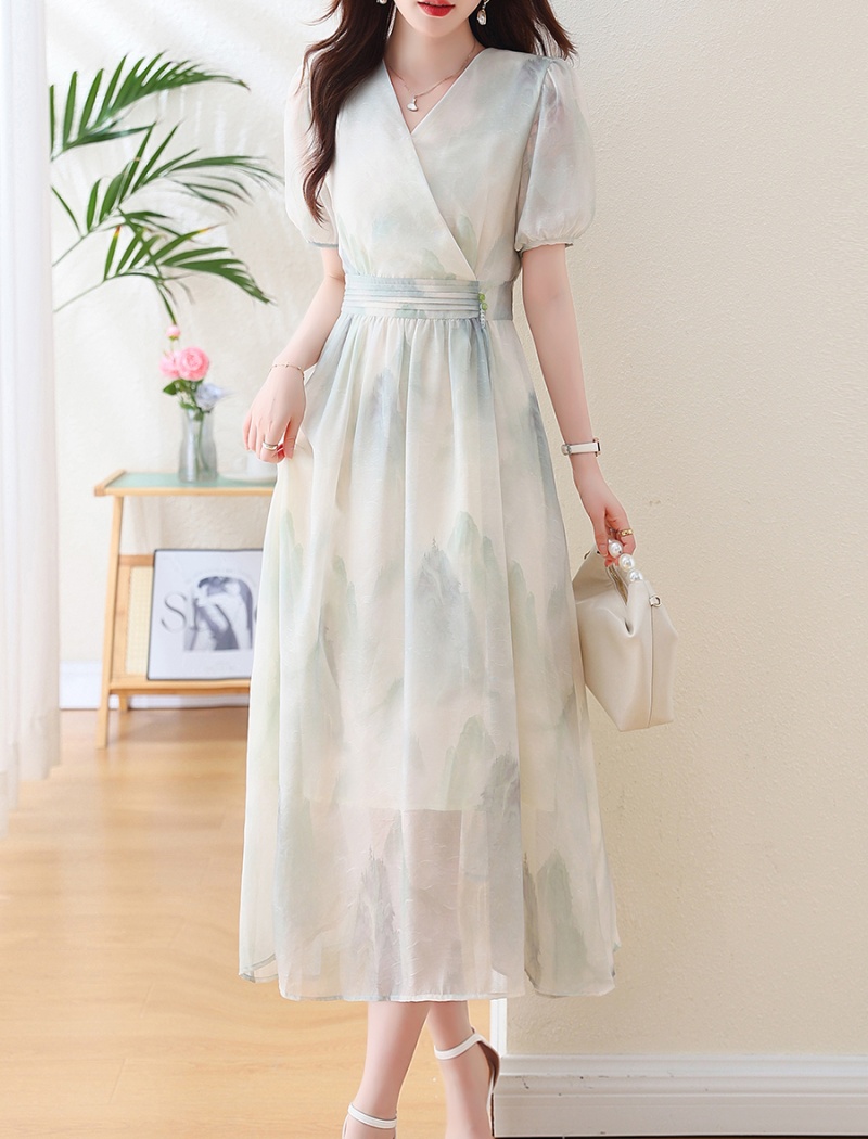 Long Chinese style summer floral short sleeve dress