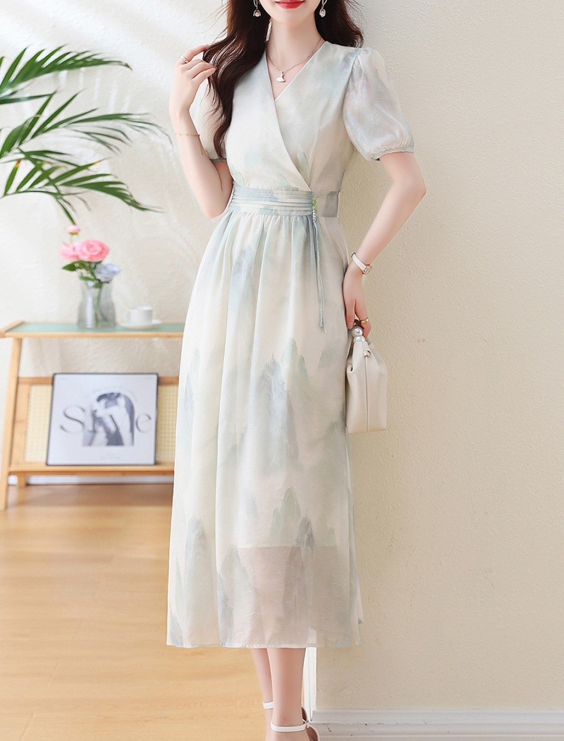 Long Chinese style summer floral short sleeve dress