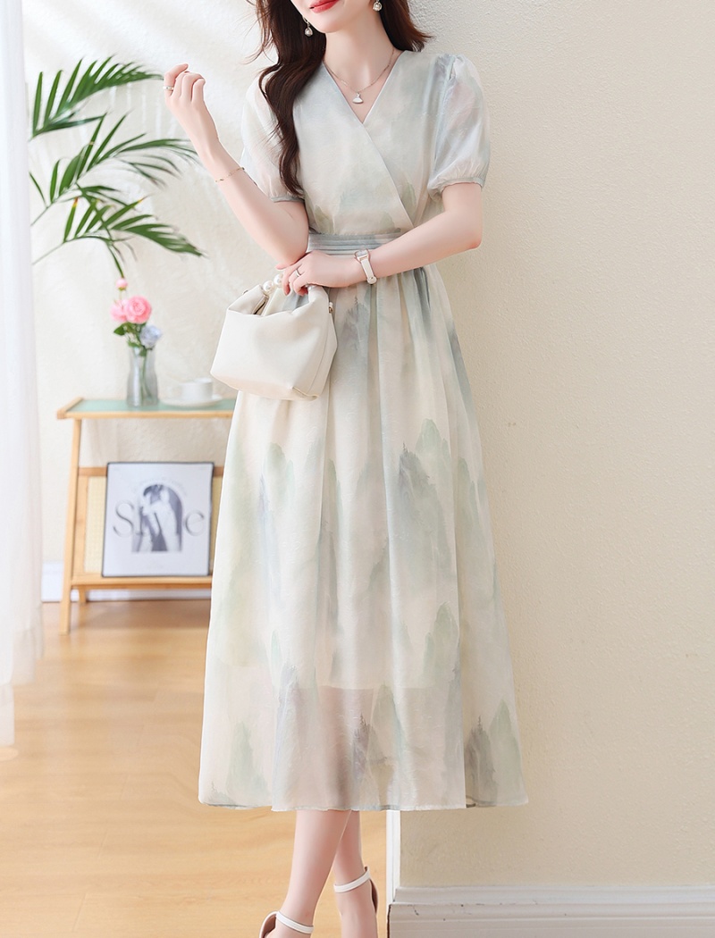 Long Chinese style summer floral short sleeve dress