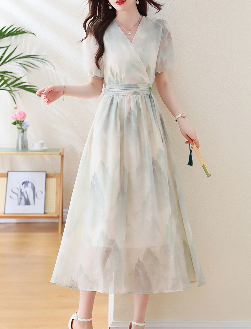 Long Chinese style summer floral short sleeve dress