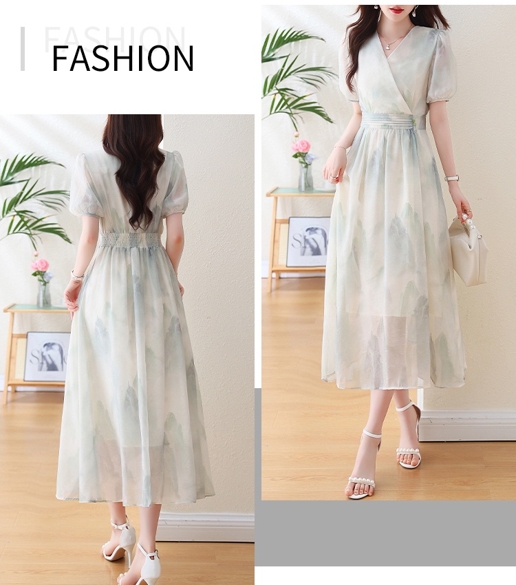 Long Chinese style summer floral short sleeve dress