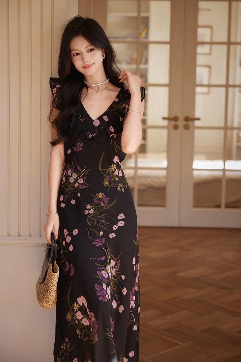 Flowers lotus leaf collar dress summer long dress for women