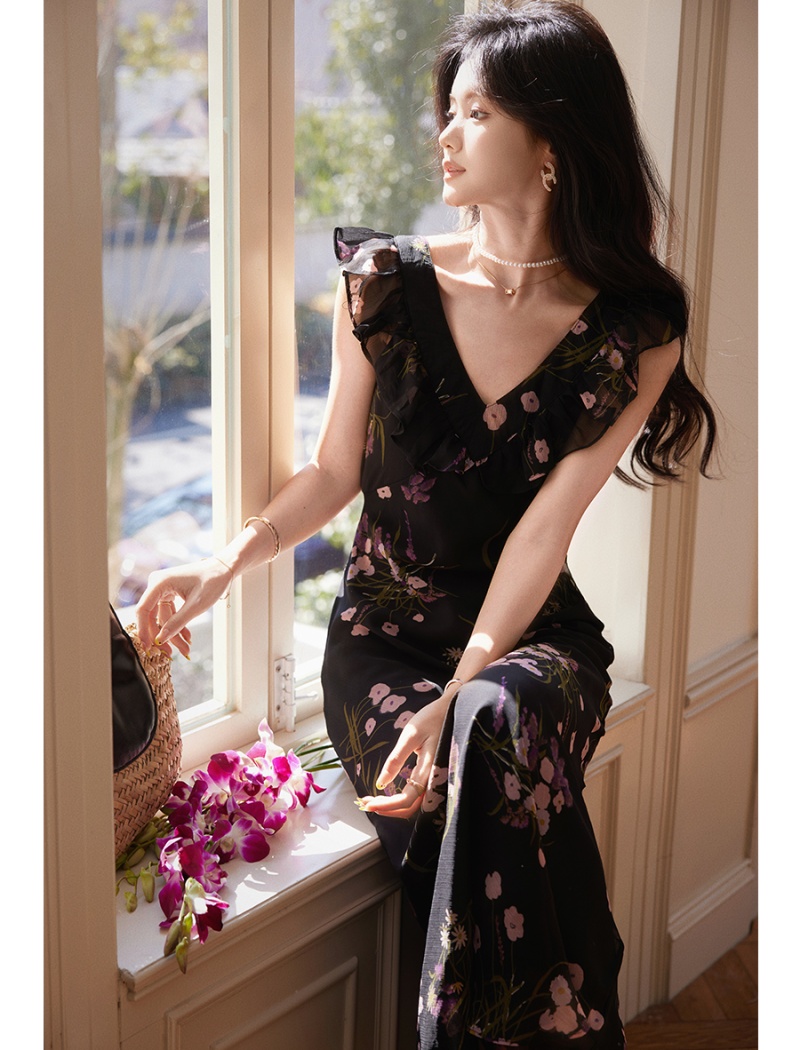 Flowers lotus leaf collar dress summer long dress for women