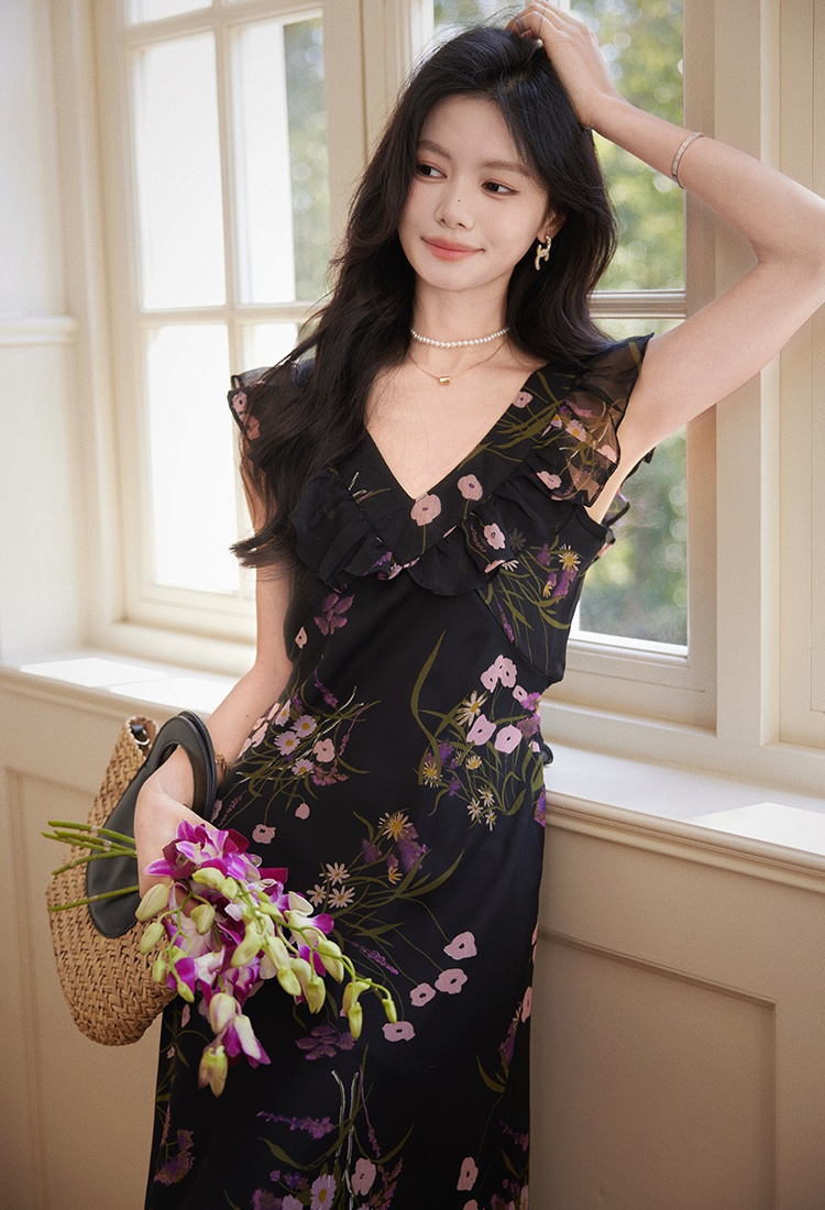 Flowers lotus leaf collar dress summer long dress for women