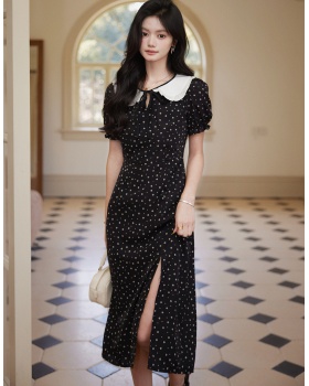 Lazy short sleeve floral France style black dress