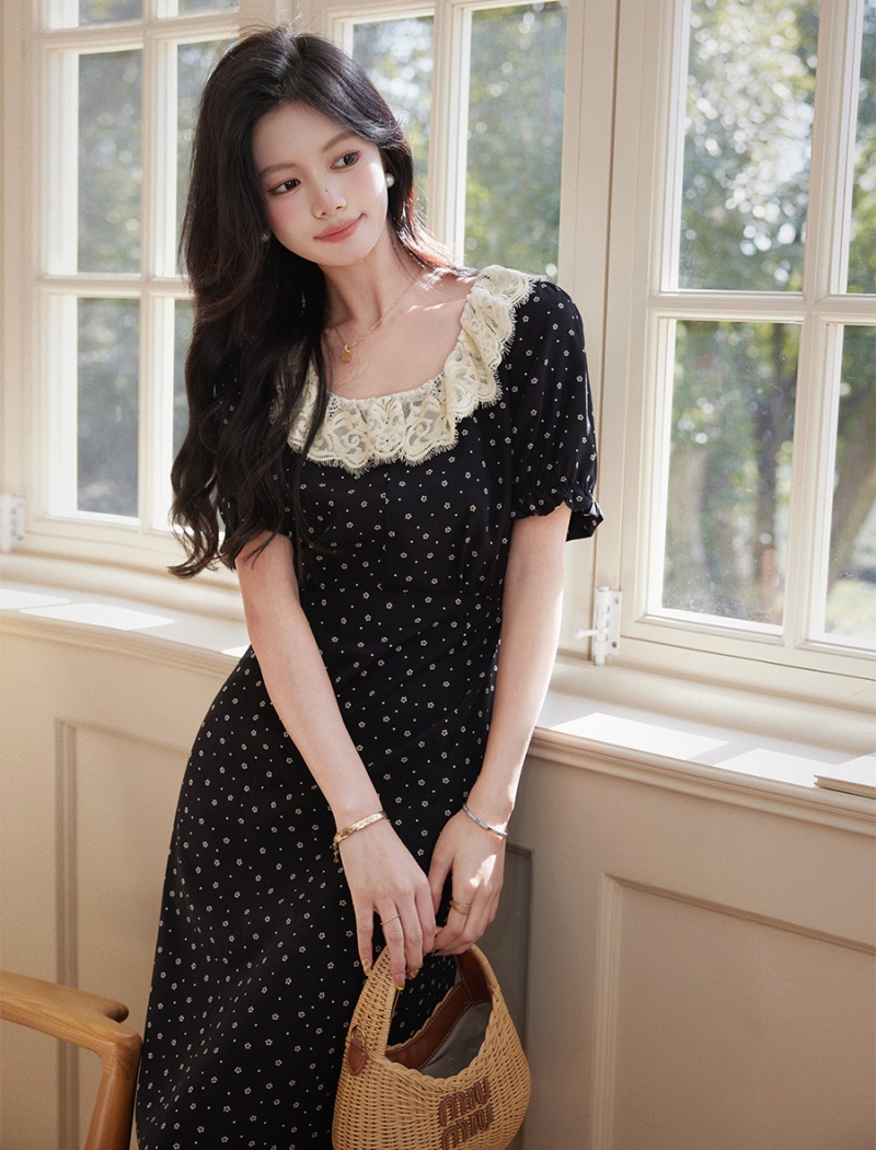 Slim summer long dress floral black dress for women