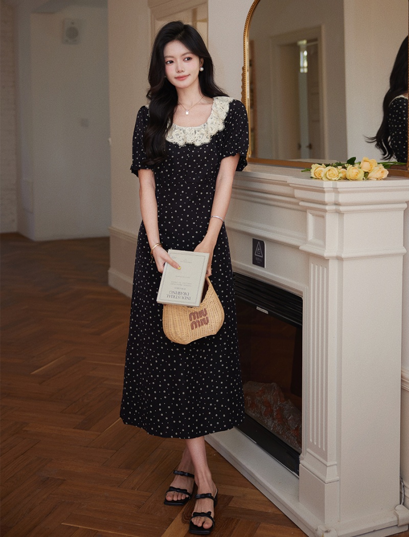 Slim summer long dress floral black dress for women