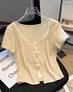 Lace pinched waist tops Pseudo-two splice T-shirt for women