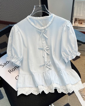 All-match bow summer tops short round neck lace shirt