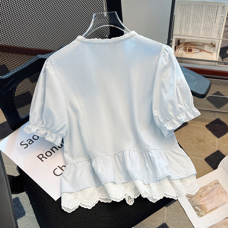 All-match bow summer tops short round neck lace shirt