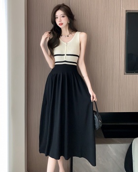 Splice stripe slim dress big skirt zip long dress for women